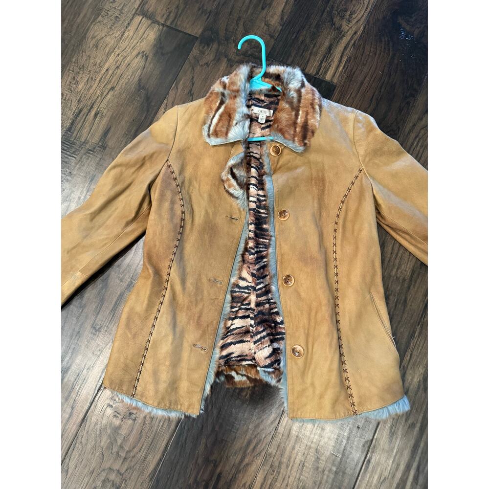 Vintage Cache Leather Coat Womens Tan Fur Trim Tiger Animal Print Lined Jacket